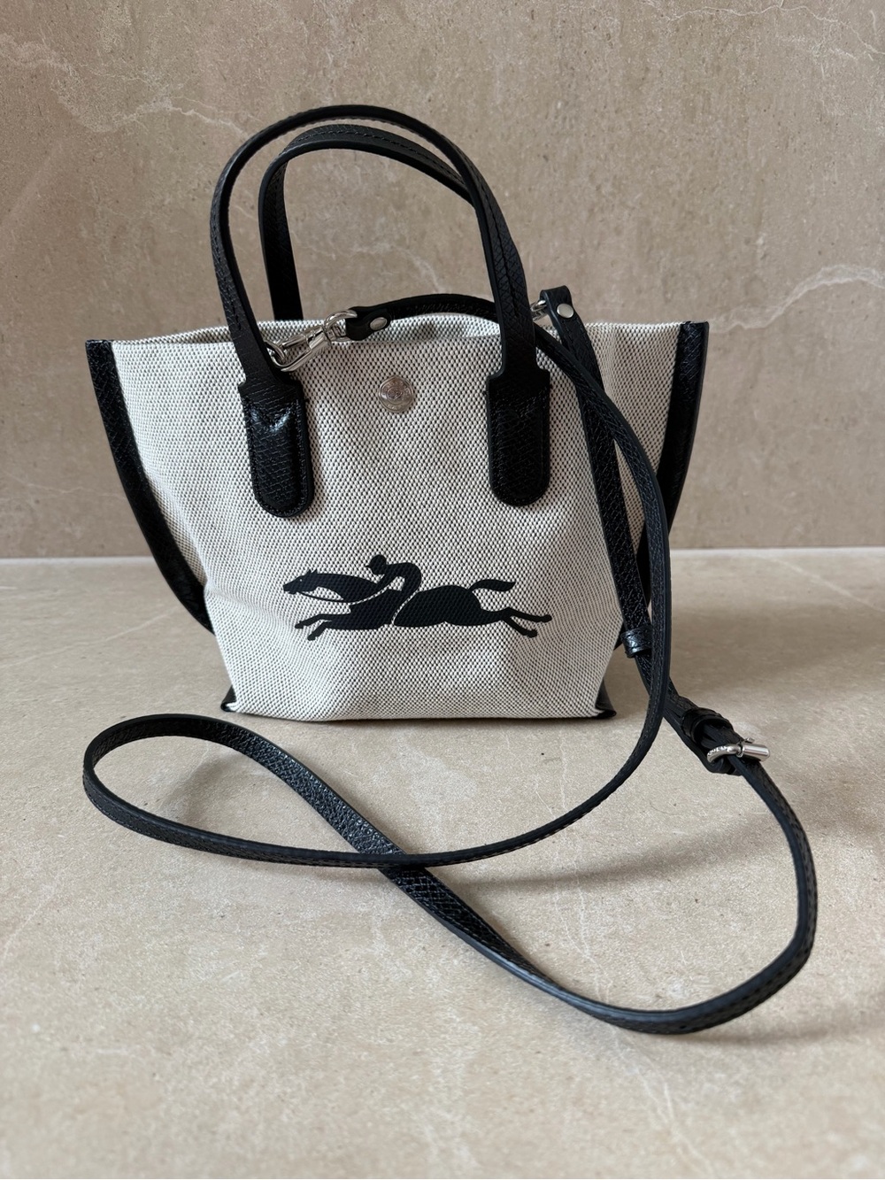 NWT - Longchamp Mini Canvas Essential Tote with Black Leather Trim